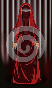 Burka is like a prison. Muslim woman in burka zippered, banner vector