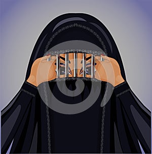 Burka is like a prison. Muslim woman in burqa breaks the cage from an iron grate, vector
