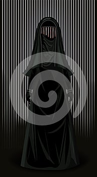 Burka is like a prison. Muslim woman in burqa metal prison bars, banner vector