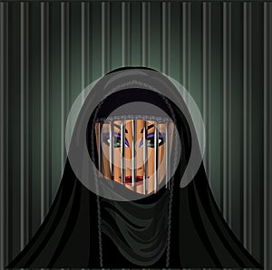 Burka is like a prison. Young muslim woman in hijab metal grate, vector