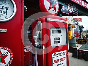 Burkes Pass, New Zealand - 2023: Closeup detail of old historic red Texaco gas station Tokheim fuel pump outdoor museum