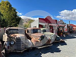 Burkes Pass , New Zealand - Febuary 09 2024: Rusty old classic cars in a metal scrap yard