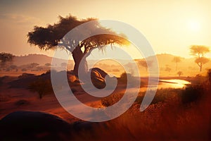 Burkina Faso landscape with rock and hills at sunset. Generative AI Art. Beautiful view