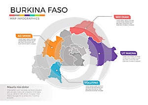 Burkina faso map infographics vector template with regions and pointer marks