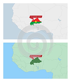 Burkina Faso map with pin of country capital. Two types of Burkina Faso map with neighboring countries