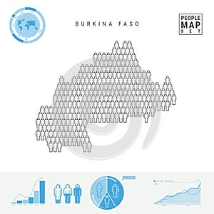 Burkina Faso People Icon Map. Stylized Vector Silhouette of Burkina Faso. Population Growth and Aging Infographics