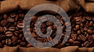 Burlap background with broken chunks of chocolate and coffee beans