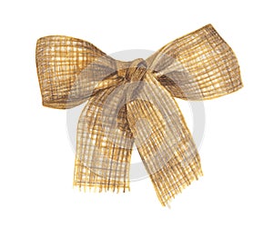 Burlap bow and ribbon isolated on white background.