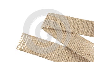 Burlap Fabric Wide rustic ribbon, Sackcloth Piece of Linen Jute, Sack Cloth Tag Isolated on White background . Decoration element