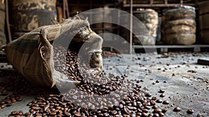 Burlap sack filled with roasted colombian coffee beans has overturned, scattering its contents across a rustic warehouse