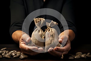 A burlap sack in hands, wealth visualized through business analysis