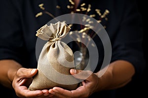 A burlap sack in hands, wealth visualized through business analysis