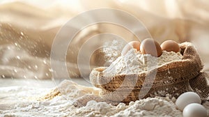 a burlap sack overflowing with flour, intermingled with farm-fresh eggs and buttermilk, symbolizing the abundance and