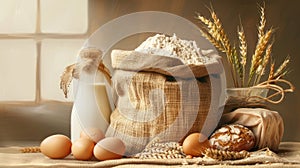 a burlap sack overflowing with flour, intermingled with farm-fresh eggs and buttermilk, symbolizing the abundance and