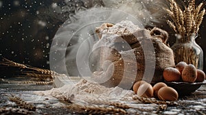 a burlap sack overflowing with flour, intermingled with farm-fresh eggs and buttermilk, symbolizing the abundance and