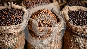Burlap sacks filled with different types of coffee beans
