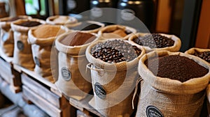 Burlap sacks filled with various types of coffee beans