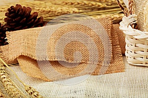 Burlap on table background. with pine cone, basket and oat