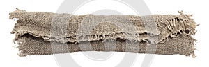 Burlap texture. A piece of torn and twisted burlap on a white background. Canvas. Packaging material. Jute