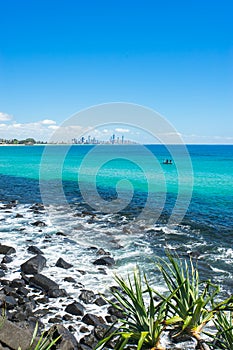 Burleigh Heads on a clear day looking towards Surfers Paradise on the Gold Coast