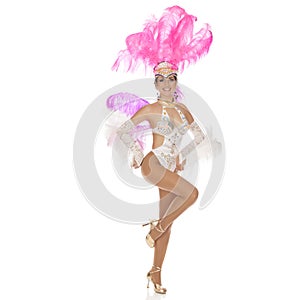 Burlesque dancer in white dress with pink plumage photo