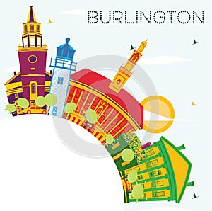 Burlington Skyline with Color Buildings, Blue Sky and Copy Space