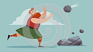 A burly man clad in tartan prepares for the famous stone put his kilt billowing in the breeze.. Vector illustration.