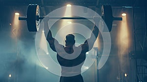 A burly strongman lifts a massive barbell above head back facing the camera as displays impressive strength. The dimly .