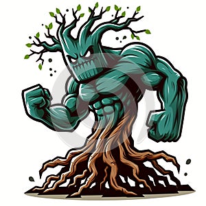 A burly tree monster with a scary expression isolated on a white background 3