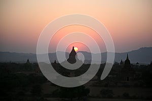 Burma sunset over Bagan pagodas