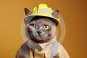 Burmese Cat Dressed As A Fireman On Blush Color Background