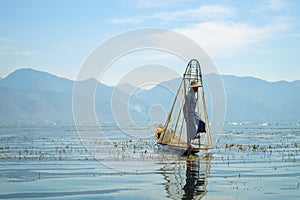 Burmese fisherman on bamboo boat catching fish in traditional way with handmade net. Inle lake, Myanmar Burma