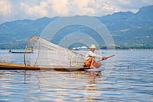 Burmese Fisherman Posing at Inle Lake, Myanmar Burma