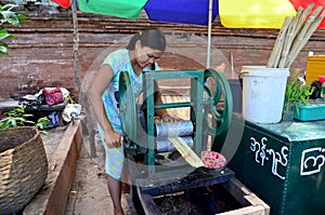 Burmese girl made sugar cane juice by maker manual machine for sale traveler