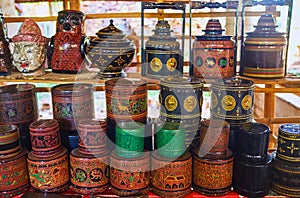 Burmese lacquerware pieces on Inle Lake, Inn Thein Indein vill