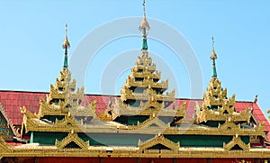 Burmese Style Buddhist Temple Roof in Wat Wang Wiwekaram Monastery Complex, Sangkhlaburi District, Thailand