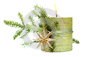 Burn Christmas candle, green ribbon, gold star