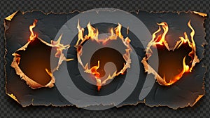 The burn edge paper hole corner modern effect is set on a transparent background with isolated realistic fire and ash