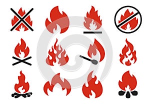 Burn fire icon. Burning flame fireball silhouette or danger bonfire. Flaming explosion flat illustration set