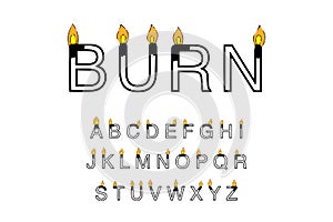 Burn hand drawn vector type font in cartoon comic style fire on match