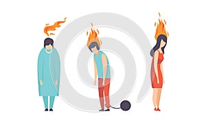 Burn out Stressed Man and Woman Feeling Fatigue and Exhaustion Vector Set