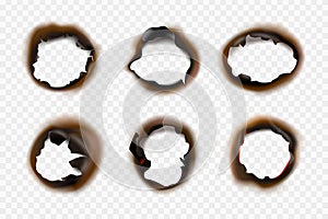 Burn paper holes. Fire damaged antique cardboard and white paper vector template