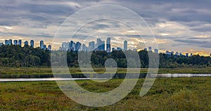 Burnaby, Vancouver BC, Canada. Beautiful View of a modern city in a stormy and rainy day. Cityscape Buildings