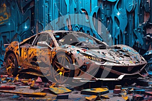Burned car in the garage,  Conceptual image of accident