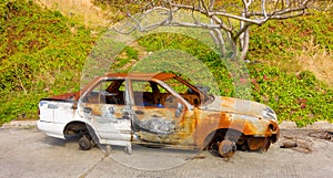 A burned car left to rot in the tropics