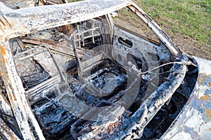 Burned down car, abstract background, selective focus. The situation of protests in the world