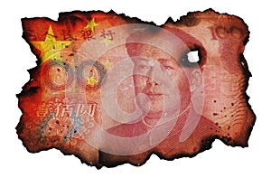 Burned fragment of Chinese Yuan banknote on white isolated background. Concept of financial crisis. Blackened charred edges of 100