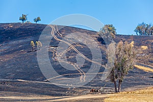 Burned grass on hills of Australian countryside