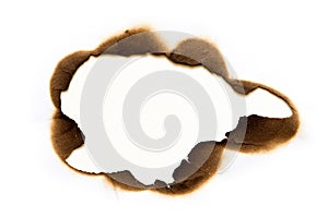 Burned hole on piece of paper isolated