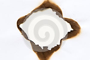 Burned hole on piece of paper isolated